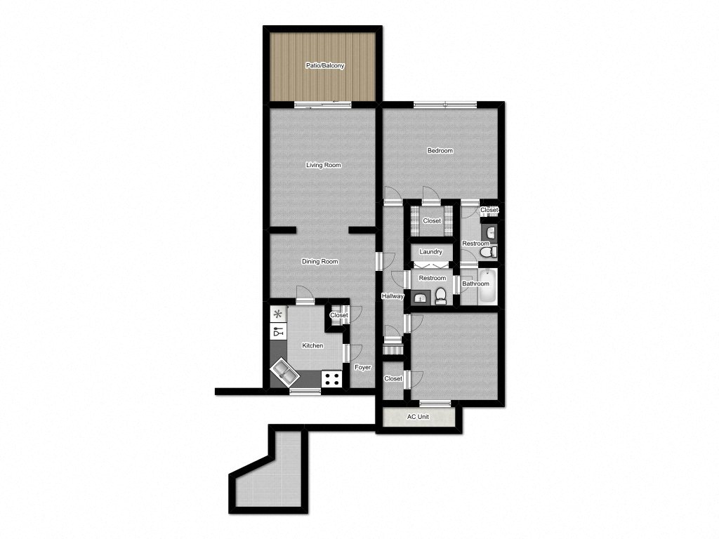 Floor plan for 2 beds, 1.5 baths, 1020 sqft